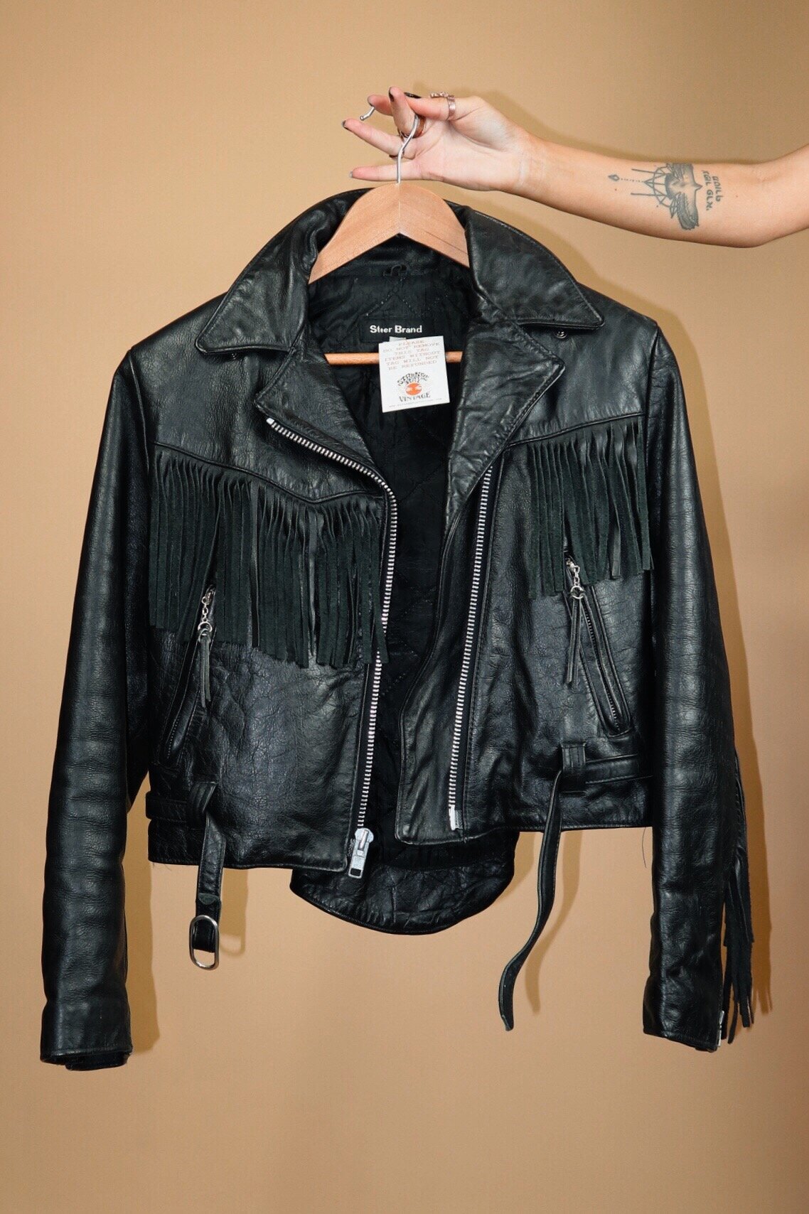 VIPER : Vintage 80s Black Fringed Leather Belted Motorcycle Jacket - MEDIUM  — Strange Ray Vintage